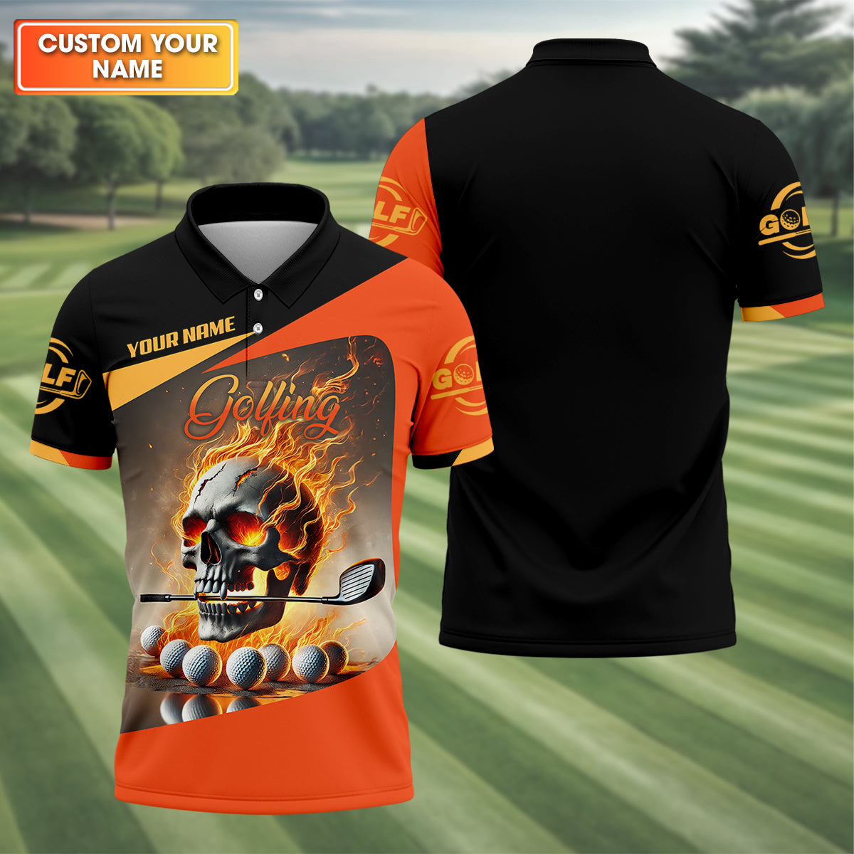 Custom Flame Skull Golf Polo ShirtGolfing Apparel, Mens Golf Gift, Funny Golf Shirt