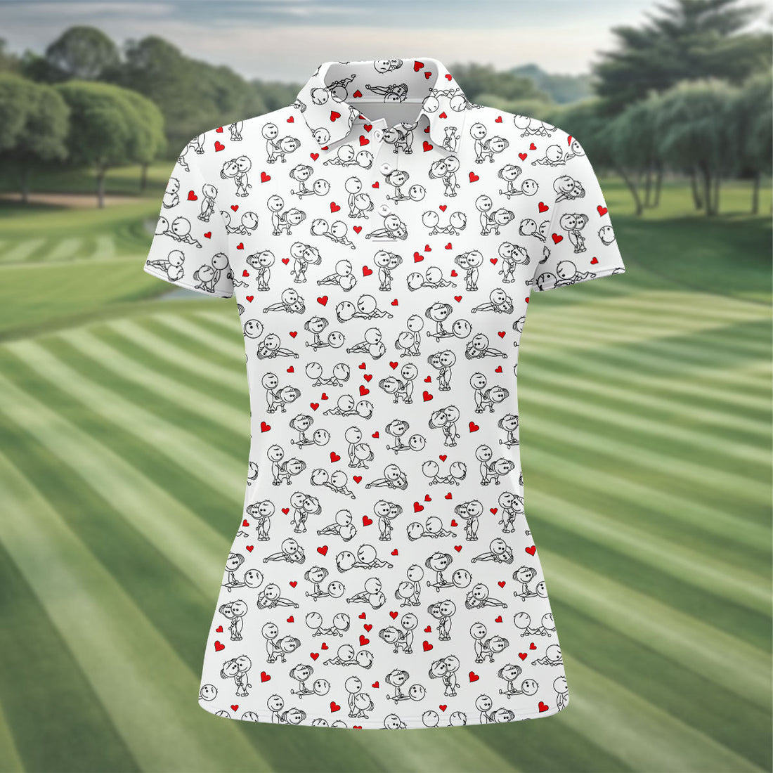 Naughty Position Stick Figure Couple White Golf Shirt, Golfer Valentines Gift, Fun Women's Golf Shirts, Ladies Golf Shirts