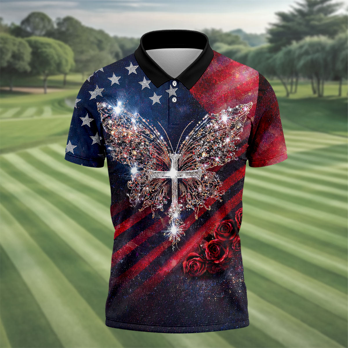 Vintage Faith Rhinestone Butterfly American Flag Golf Shirt, 250 Years Patriotic 4th Of July Golf Shirts For Men