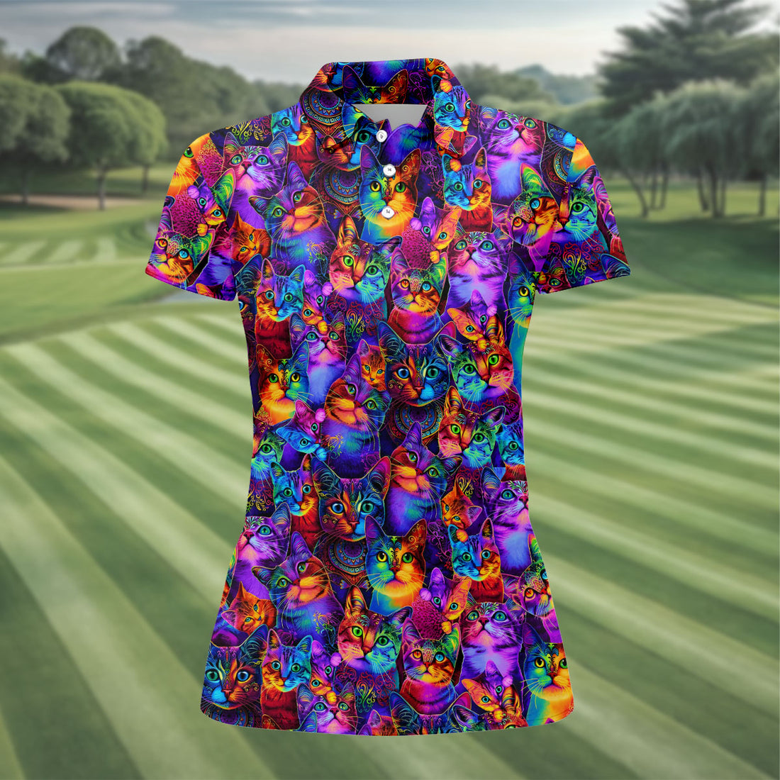 Psychedelic Cat Golf Shirt, Colorful Neon Cat Pattern, Polo Shirts For Women