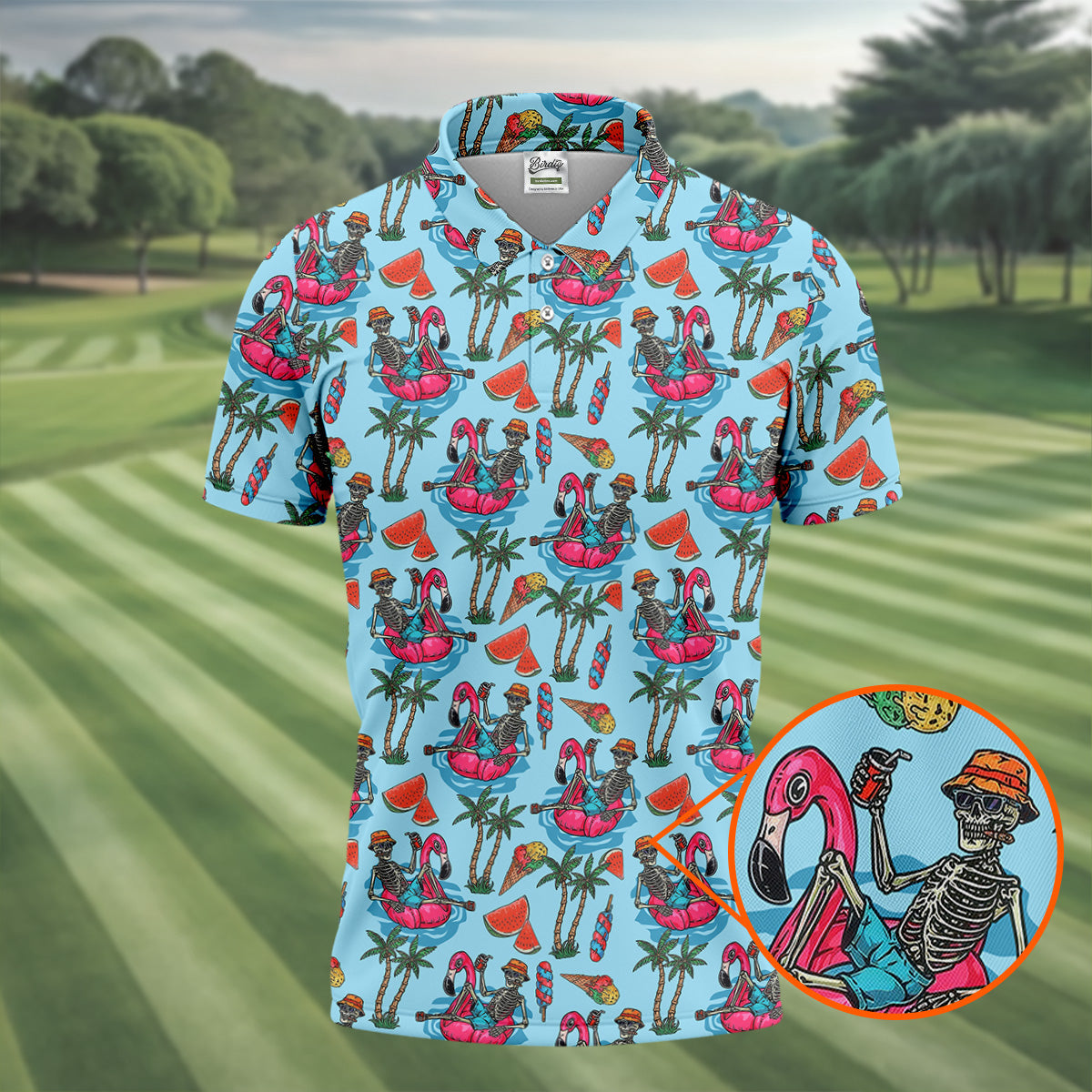 Skeleton Flamingo Summer Vibe Retro Golf Shirt, Men's Funny Golf Shirts, Polo ShirtFor Men, Golf Shirts For Men