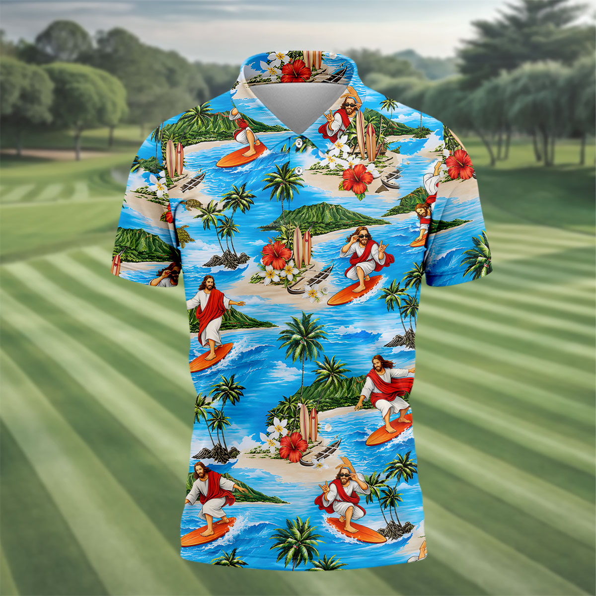 Funny Beach Surfer Jesus Hawaiian Golf Shirt, Mens Golf Polo, Printed Golf Shirts