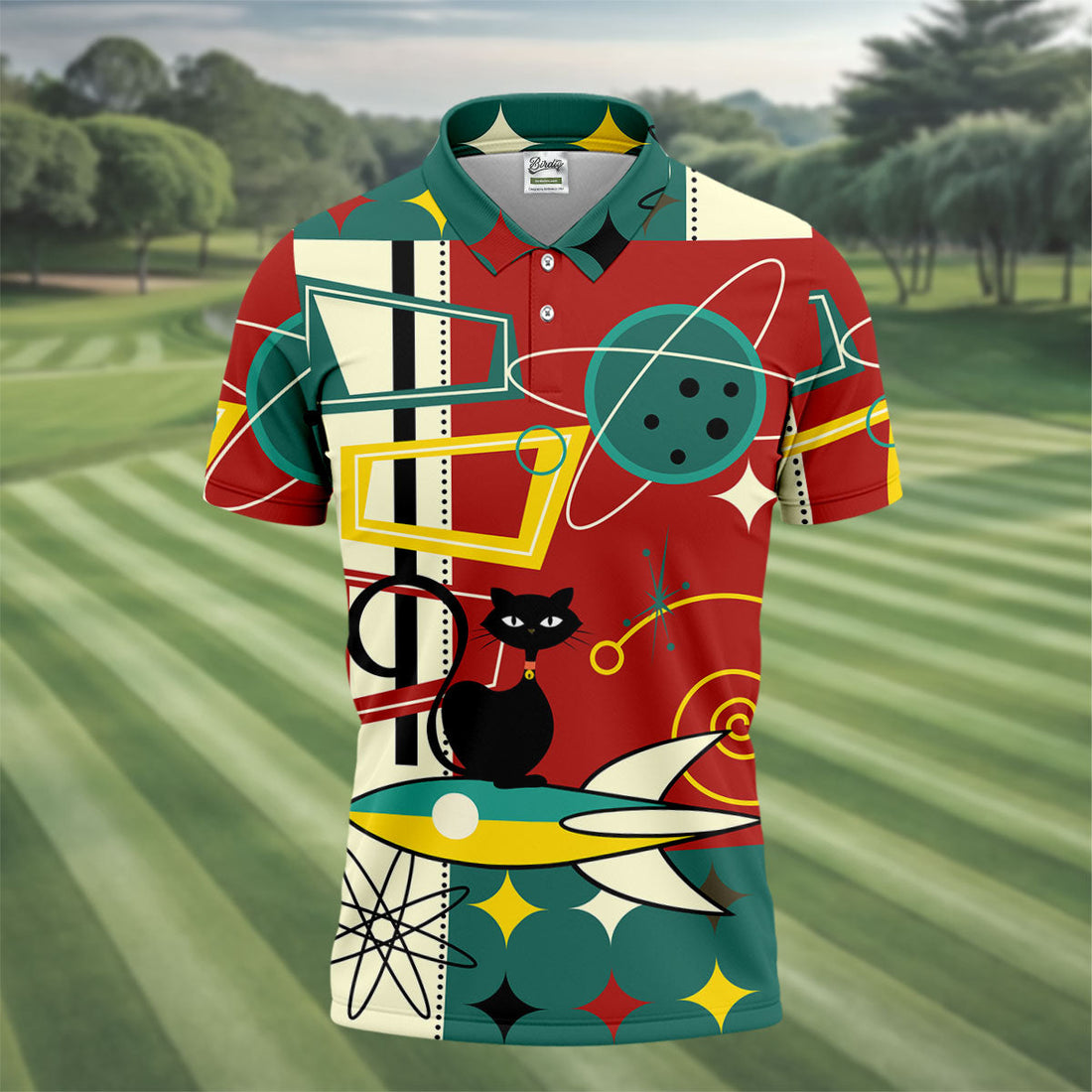 Geometric Abstraction Atomic Cat Hawaiian Golf Shirt, Retro Golf Shirt, Polo Shirtor Men