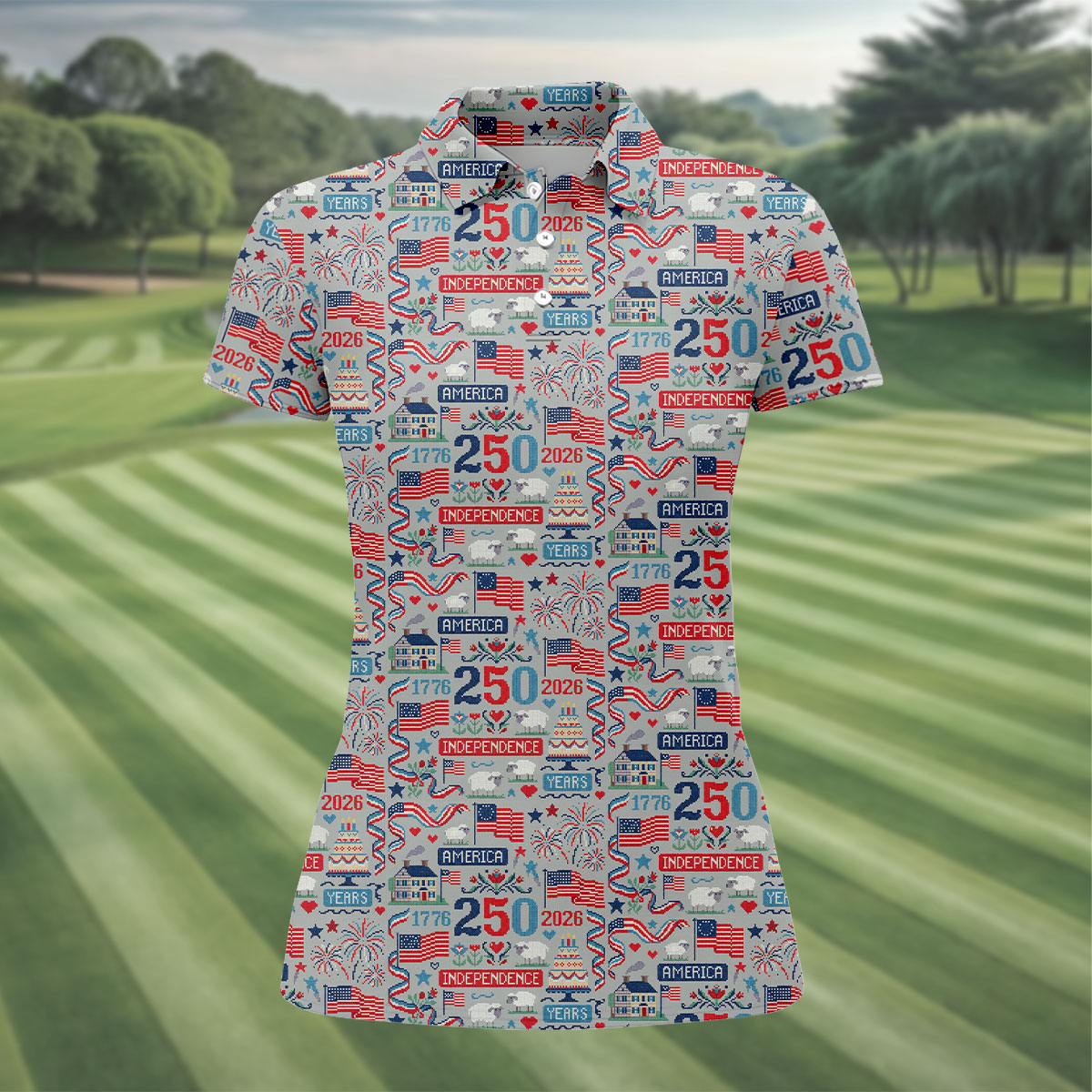 America Independence 250 Years Grey Golf Shirt, Patriotic 4th Of July Golf Shirt For Women