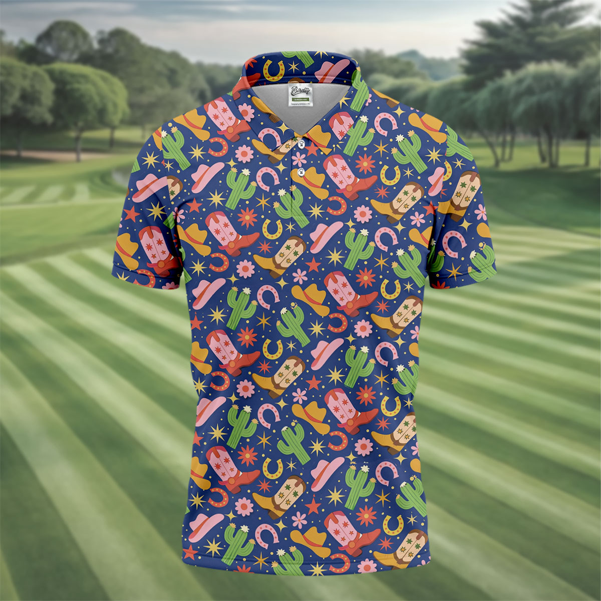 Western Cowboy Golf Shirt, Desert Cactus Horseshoe Pattern, Golf Shirt For Men