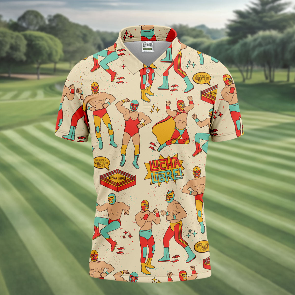 Beige Lucha Libre Mexican Wrestler Pattern Golf Shirt, Mens Golf Polo, Printed Golf Shirts
