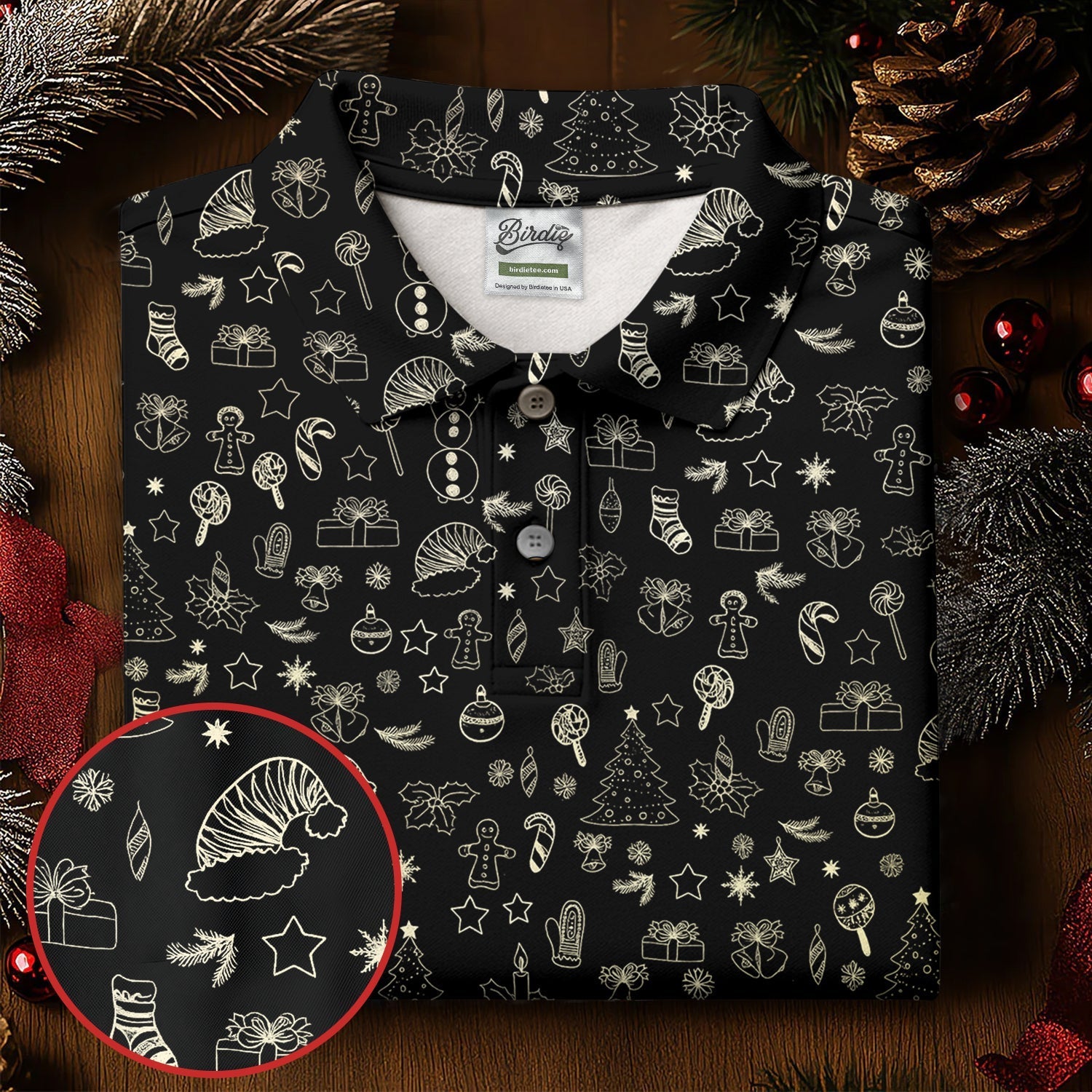 Festive Christmas Golden Pattern Men's Golf Polo Shirt Christmas Golf Shirt, Golf Gift For Men