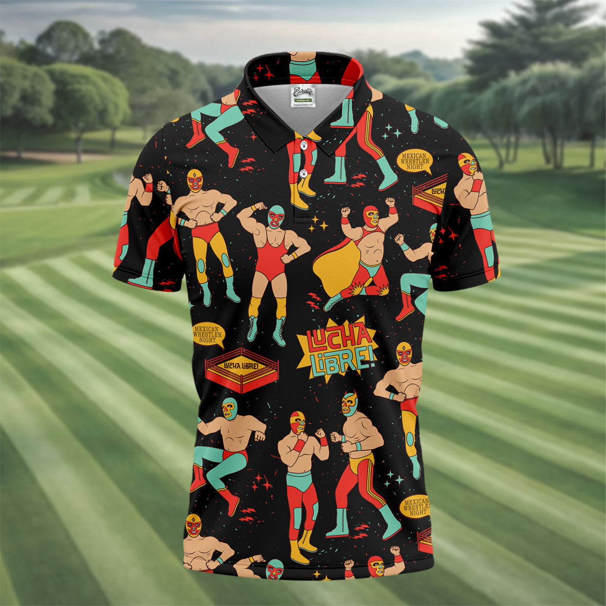 Black Lucha Libre Mexican Wrestler Pattern Golf Shirt, Golf Shirts For Men, Mens Golf Apparel