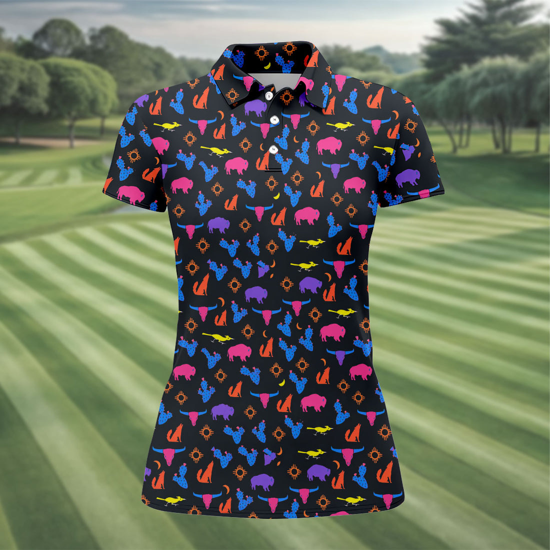 Neon Desert Cactus Buffalo Hawaiian Golf Shirt, Golf Polo For Women, Printed Golf Shirt