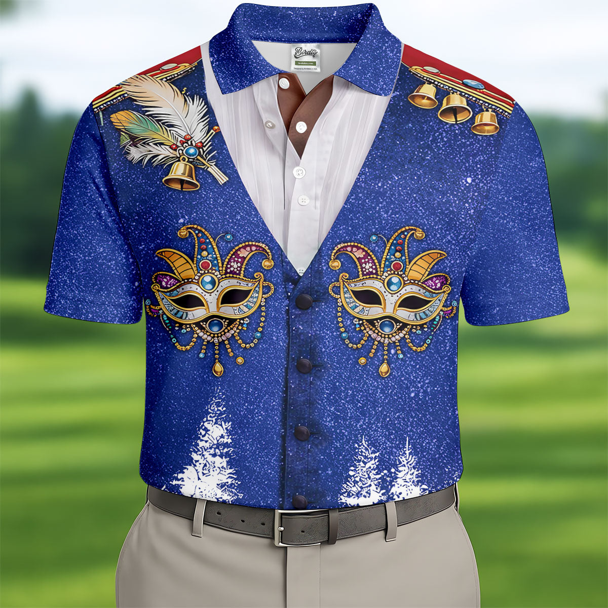 Masquerade Mask Feather Mardi Gras Glitter Print Blue Golf Shirt, Polo ShirtFor Men, Golf Shirts For Men