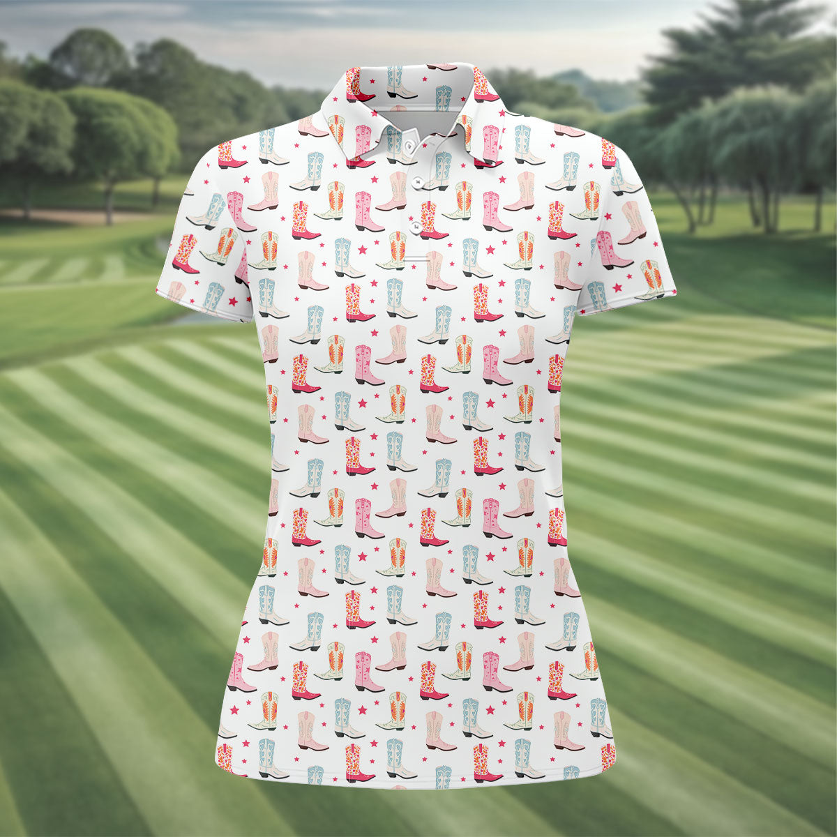 Western Boot Pattern Pastel Shades Retro Golf Shirt, Ladies Golf Polos, Golf Shirt For Women