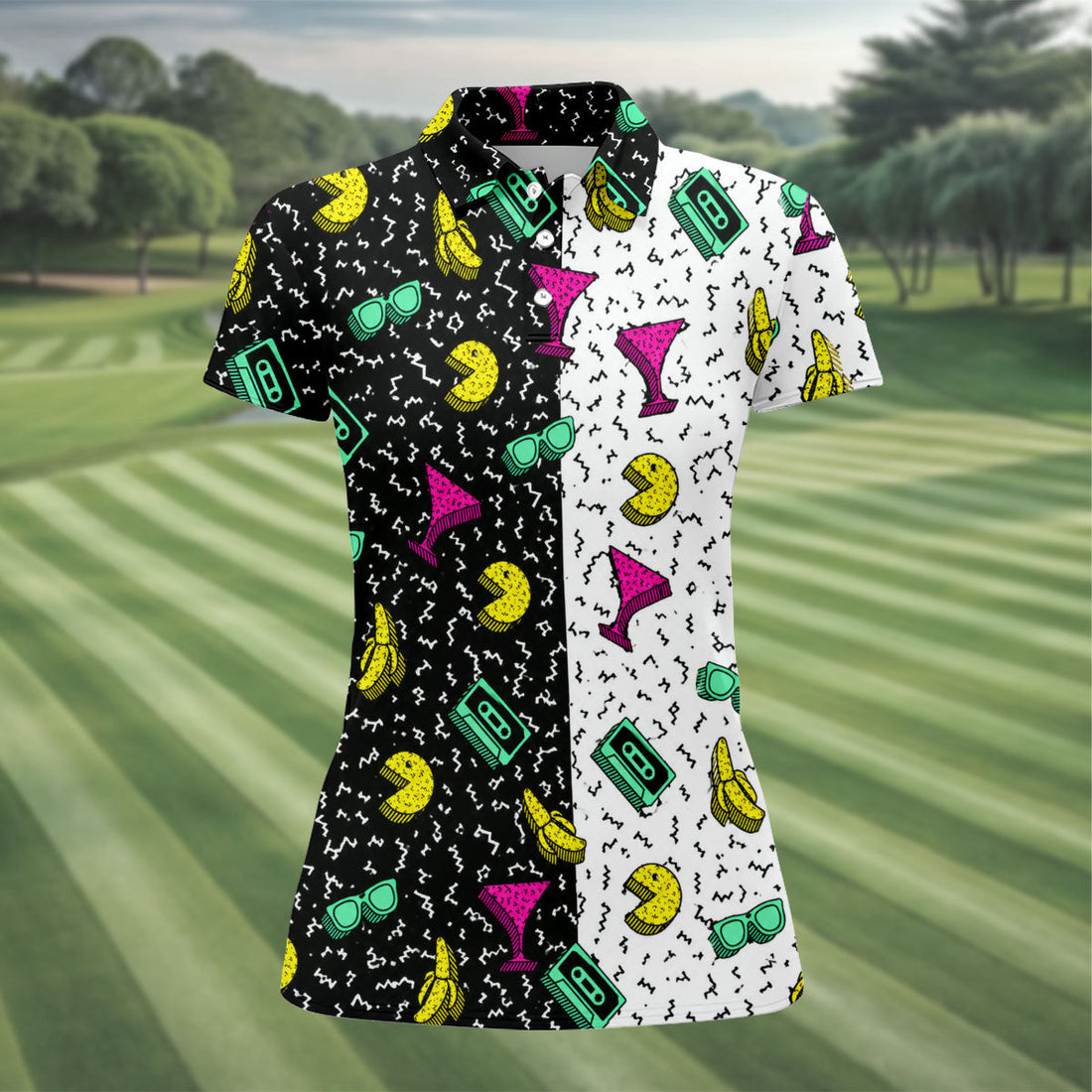 Retro Cassette Sunglasses Cocktail Banana Split Golf Shirt, Golf Tops For Women, Women’s Golf Apparel, Printed Golf Shirt