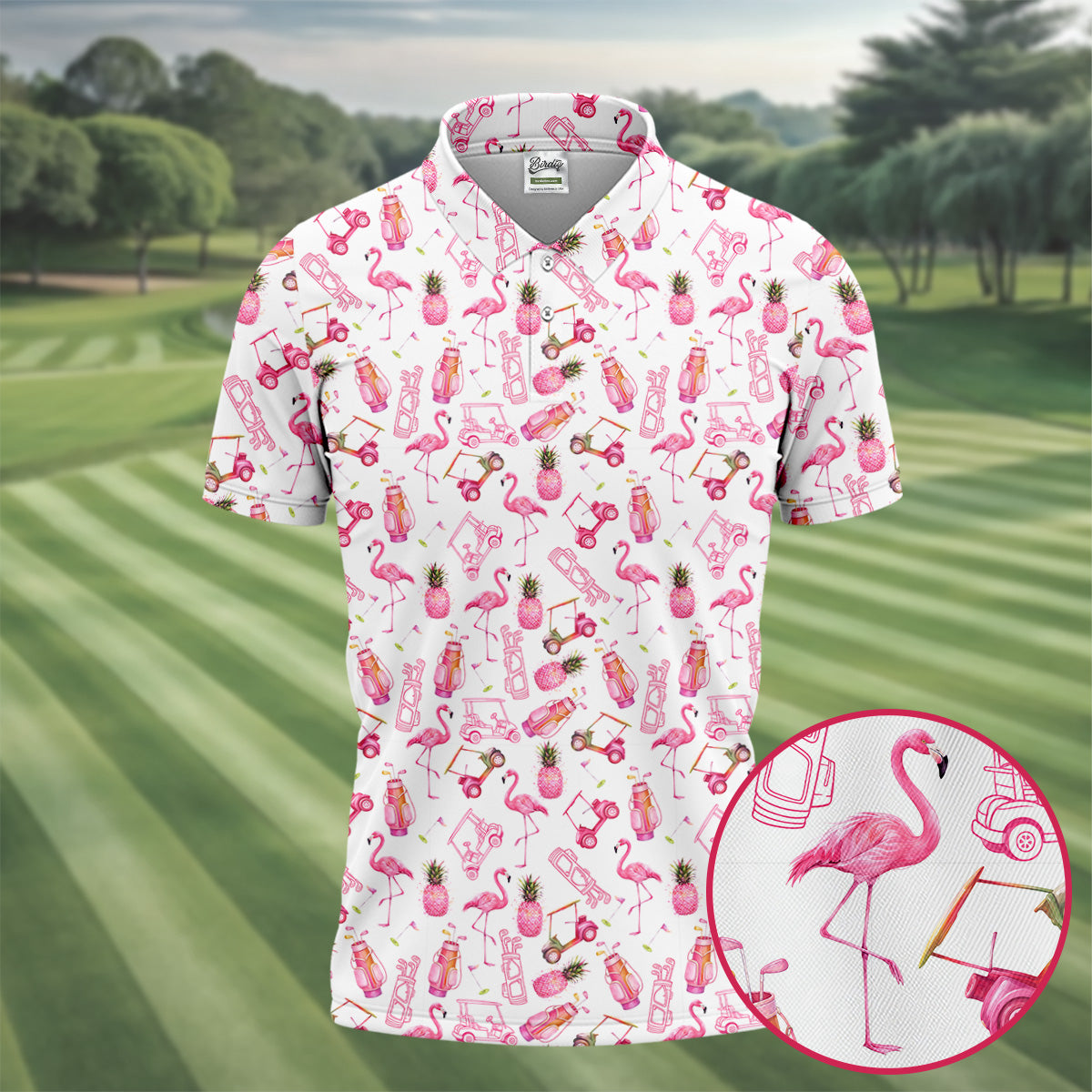 Funny Flamingo Pink Pineapple Tropical Vibe Golf Tops For Men, Men's Funny Golf Shirts, Polo Shirtor Men