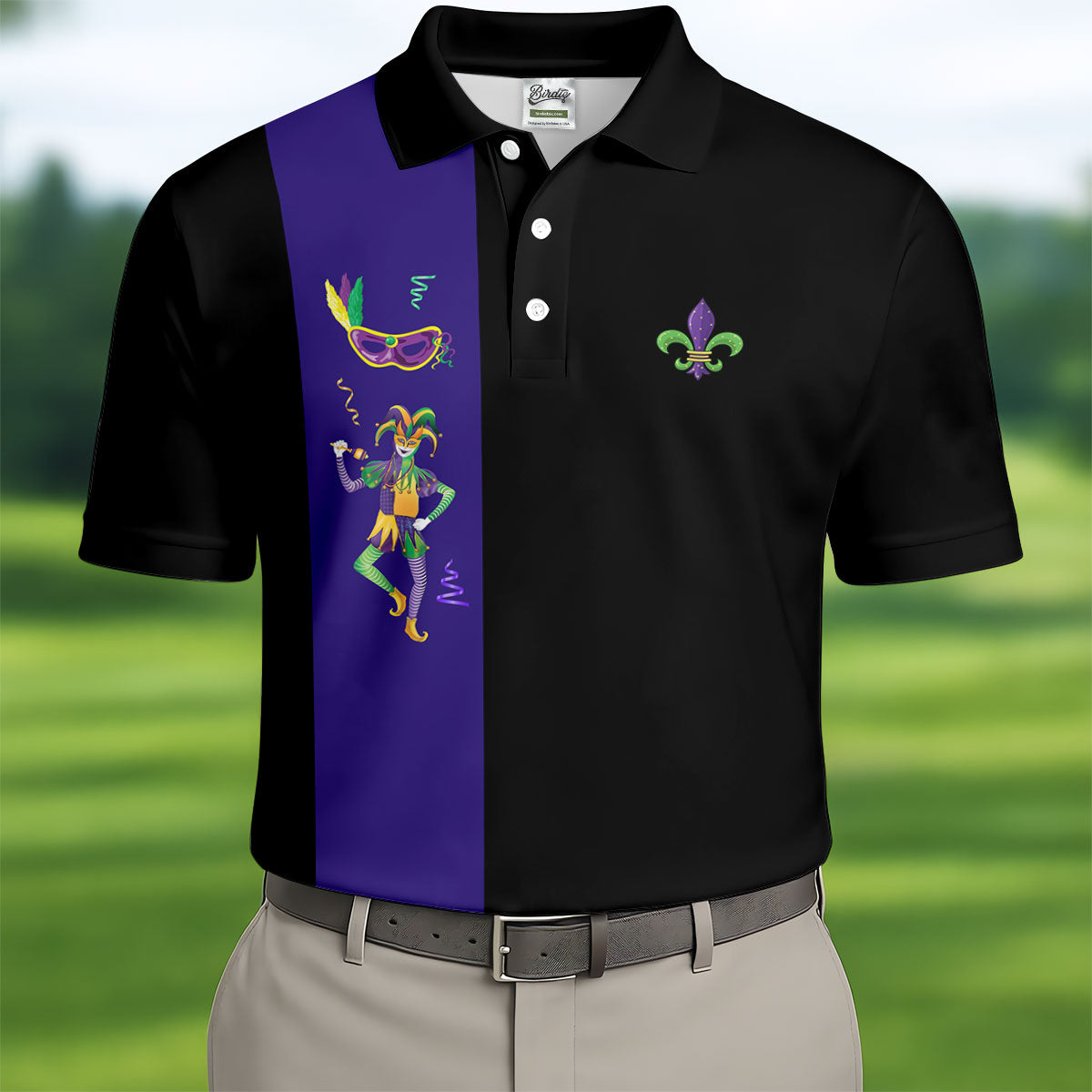 Mardi Gras Festival Jester Figure Fleur De Lis Symbol Black Golf Shirt, Polo ShirtFor Men, Golf Shirts For Men