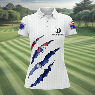 Golf Ball Pattern Australia Flag Print Scratch Effect Ladies Golf Tops, Golf Shirt For Women