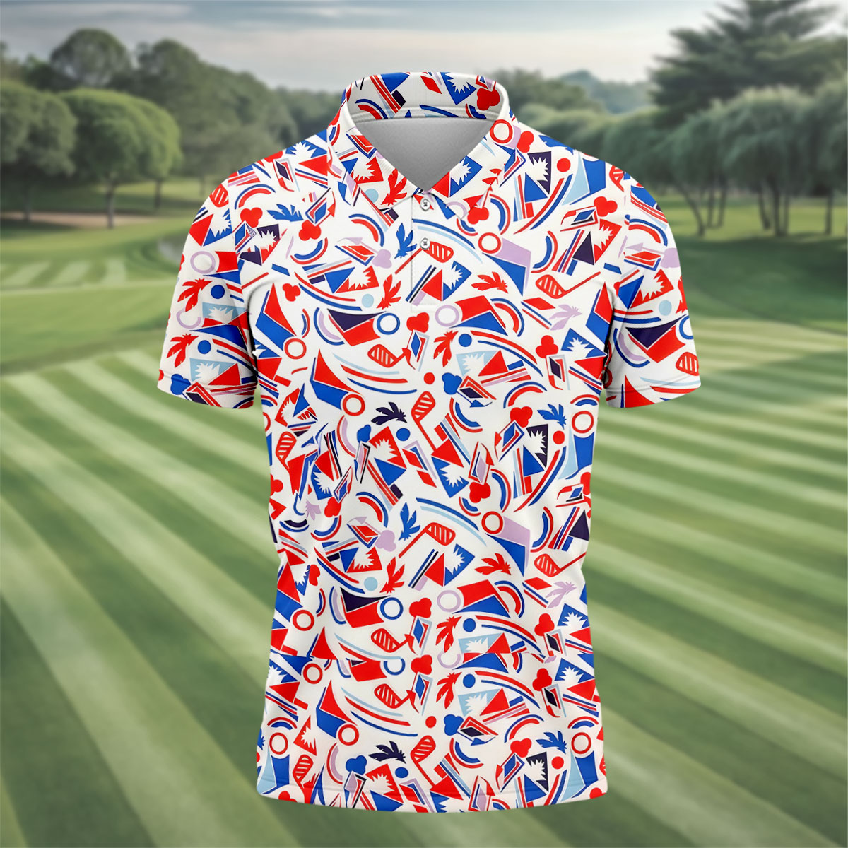 Red White Blue Golf Pattern Patriotic Golf Shirt, 250 Years Of Freedom 4th Of July Golf Shirts For Men