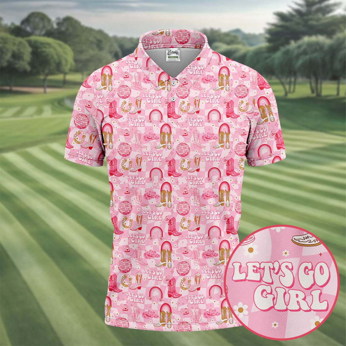 Let's Go Girl Pink Checkered Western Cowgirl Golf Tops For Men, Polo Shirtor Men, Golf Shirts For Men