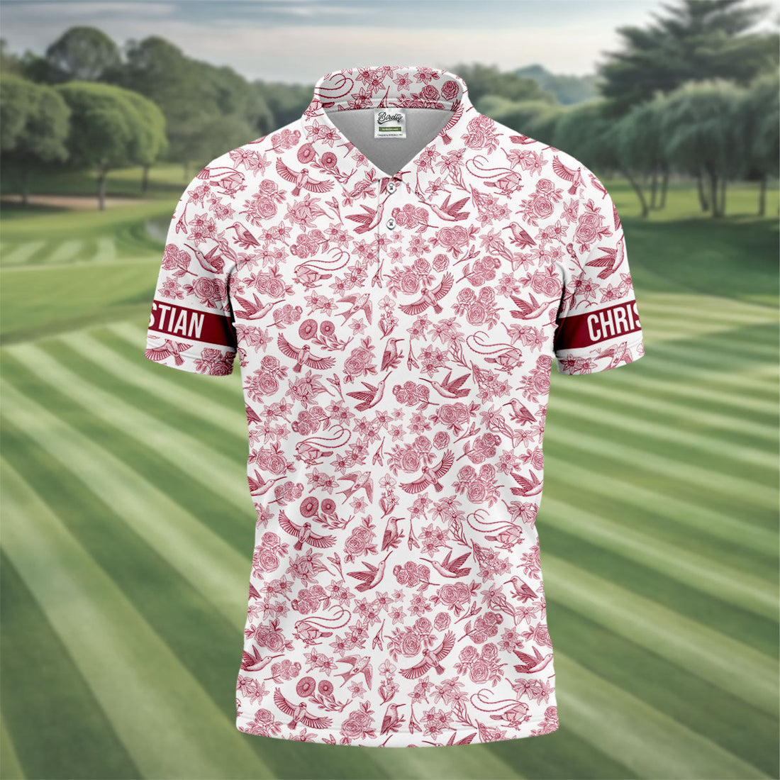 Custom Name Toile de Jouy Birds And Flowers White And Red Polo ShirtFor Men, Golf Gift For Men