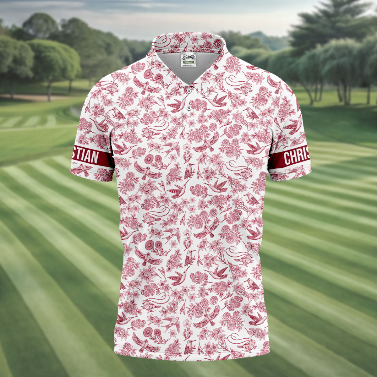 Custom Name Toile de Jouy Birds And Flowers White And Red Polo ShirtFor Men, Golf Gift For Men