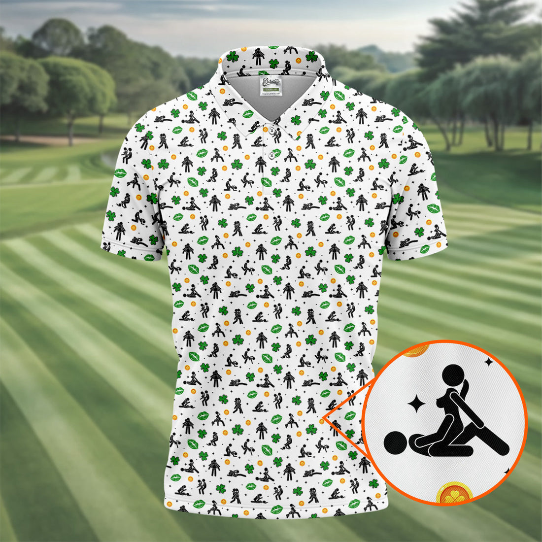 Funny Stick Figure Naughty Position Shamrock St Patrick's Day Golf Shirt, Performance Golf Shirt, Polo ShirtFor Men