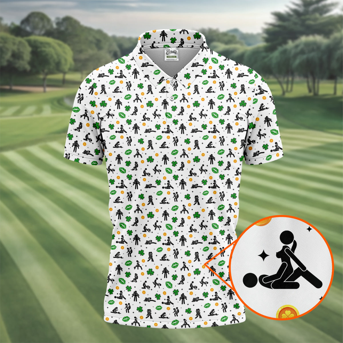 Funny Stick Figure Naughty Position Shamrock St Patrick's Day Golf Shirt, Performance Golf Shirt, Polo ShirtFor Men