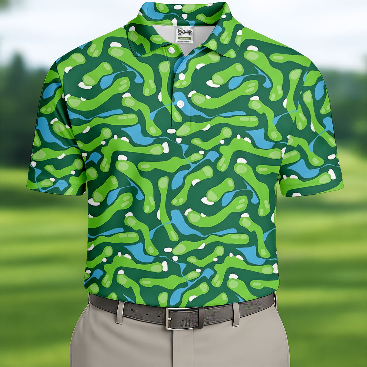 Golf Course Layout Golf Shirt, Fairway Water Hazard Pattern, Golf Shirt For Men
