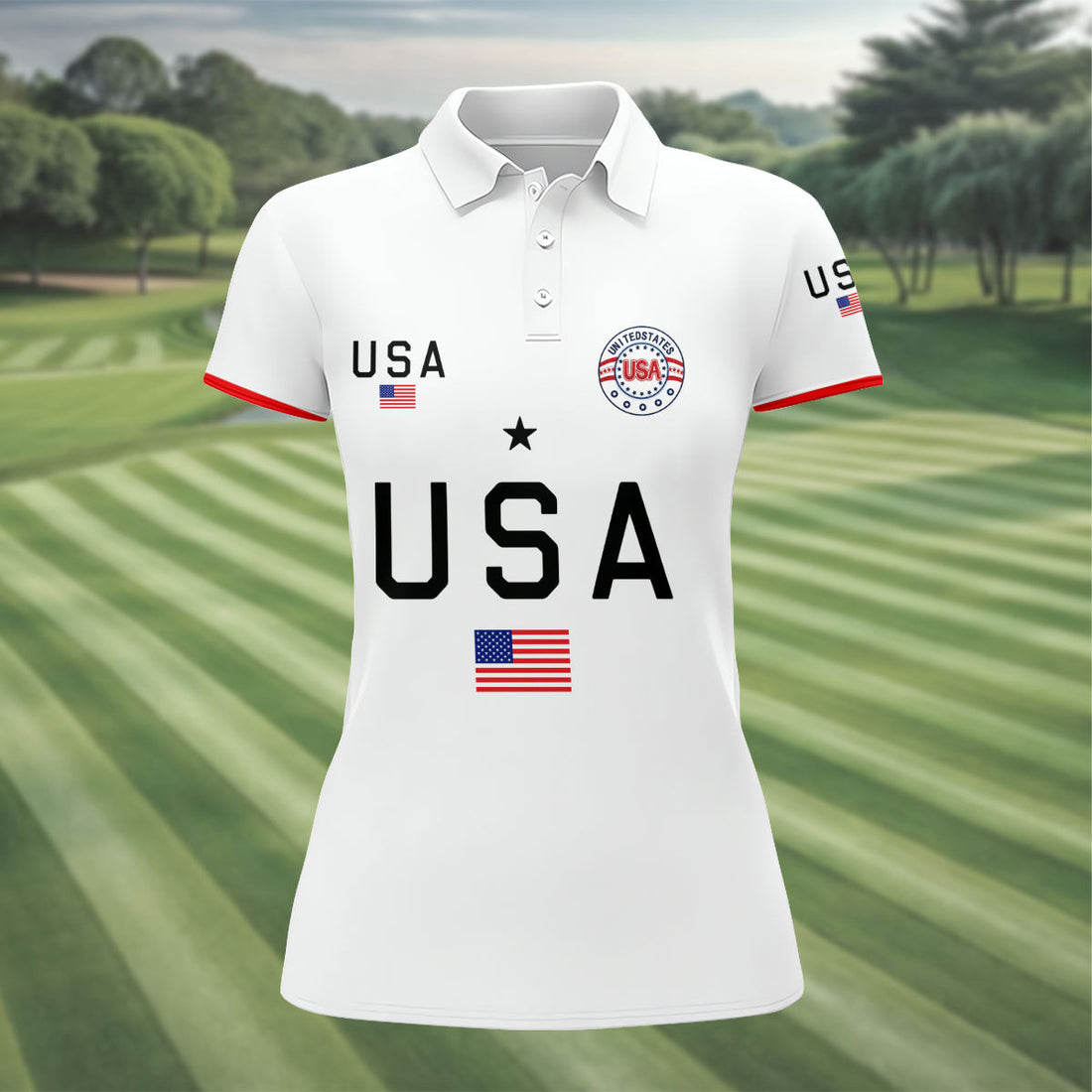 USA Flag Print 250 Years Anniversary 1776-2026 White Golf Shirt, Patriotic 4th Of July Golf Shirt For Women