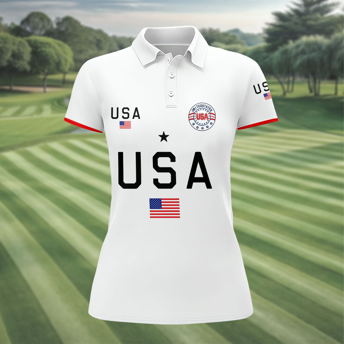 USA Flag Print 250 Years Anniversary 1776-2026 White Golf Shirt, Patriotic 4th Of July Golf Shirt For Women