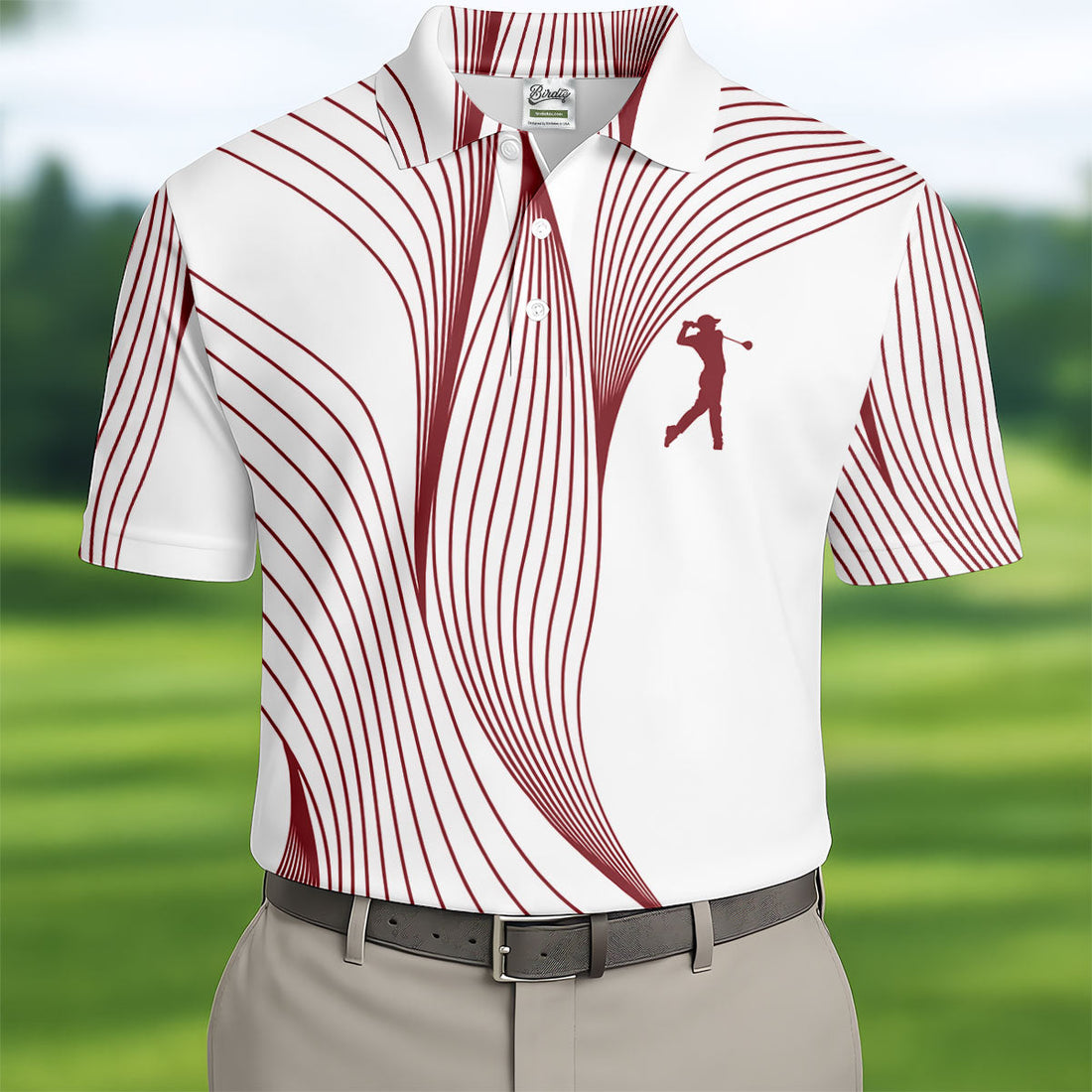 Geometric Line Wavy Line Maroon And White Golf Shirts For Men, Men's Golf Shirt, Polo Shirt Men