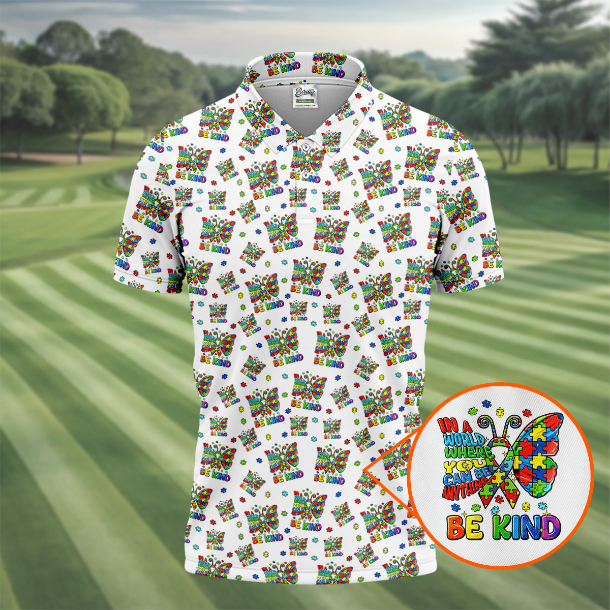In A World Where You Can Be Anything Be Kind Rainbow Butterfly Autism Awareness White Golf Shirt, Golf Shirts For Men