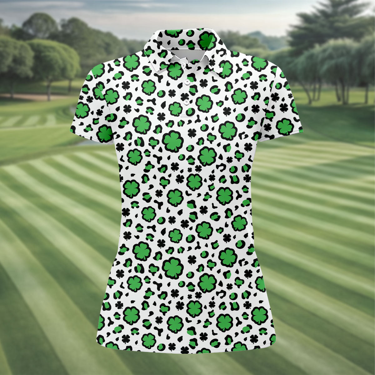 Lucky Four Leaf Clover Leopard Pattern St Patrick's Day Golf Shirt, Women's Golf Tops, Ladies Golf Shirts