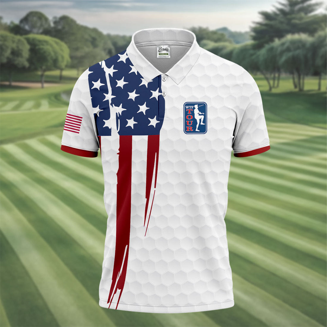 Golf Ball Pattern WTF Tour US Flag 4th Of July Patriotic Golf Shirt, 250th Anniversary Polo ShirtFor Men