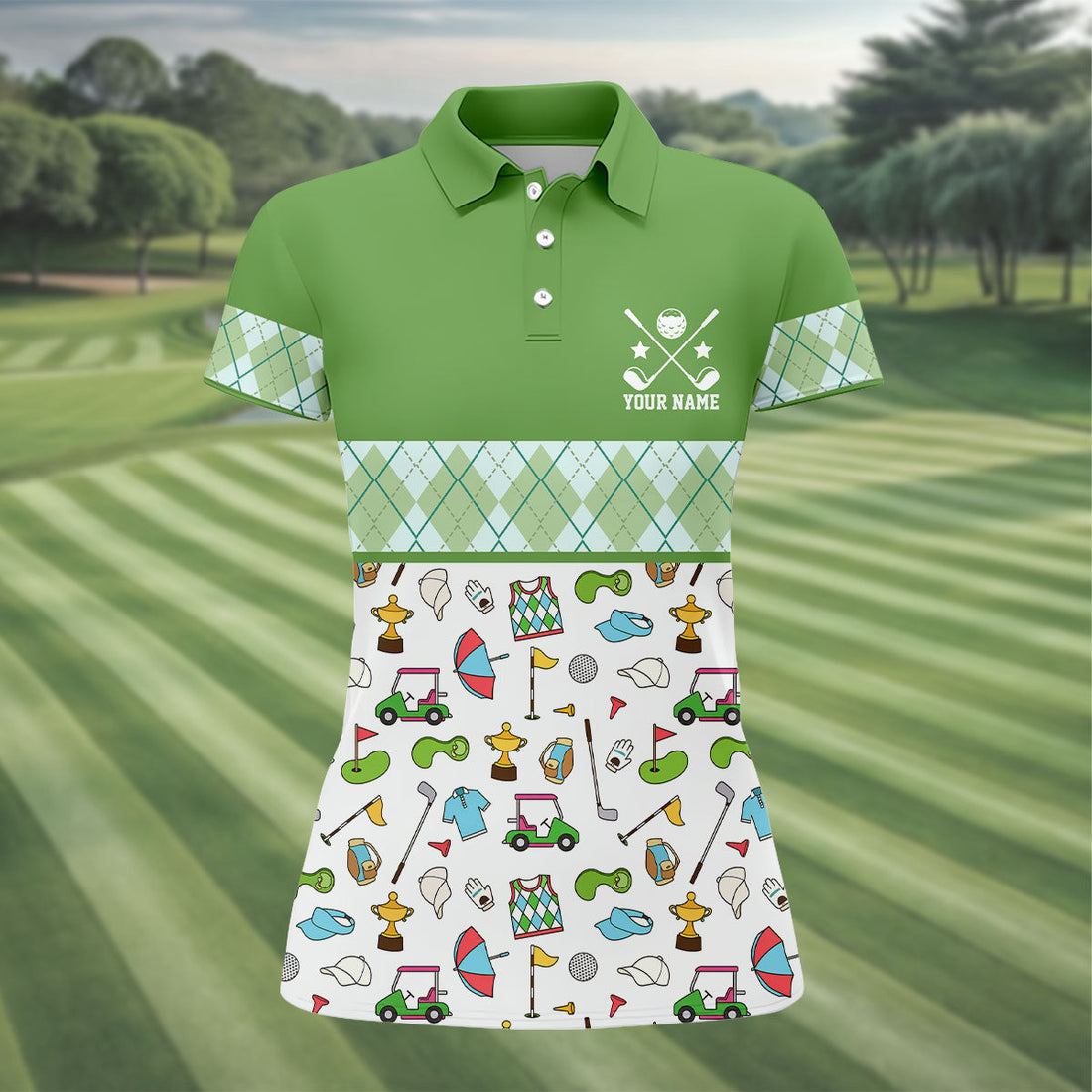 Custom Name Green Argyle Golf Icons Pattern Golf Shirt, Women’s Golf Polo, Golf Tops For Women, Printed Golf Shirt