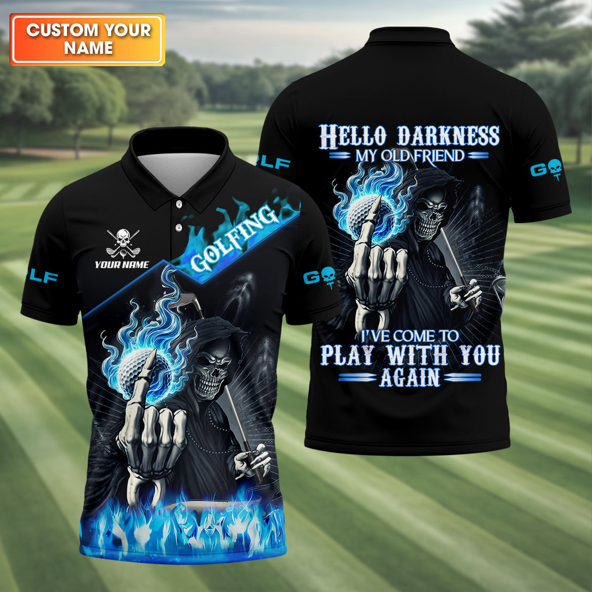 Hello Darkness My Old Friend Custom Men's Golf Polo ShirtHilarious Golf Shirt, Skeleton Golf Shirt