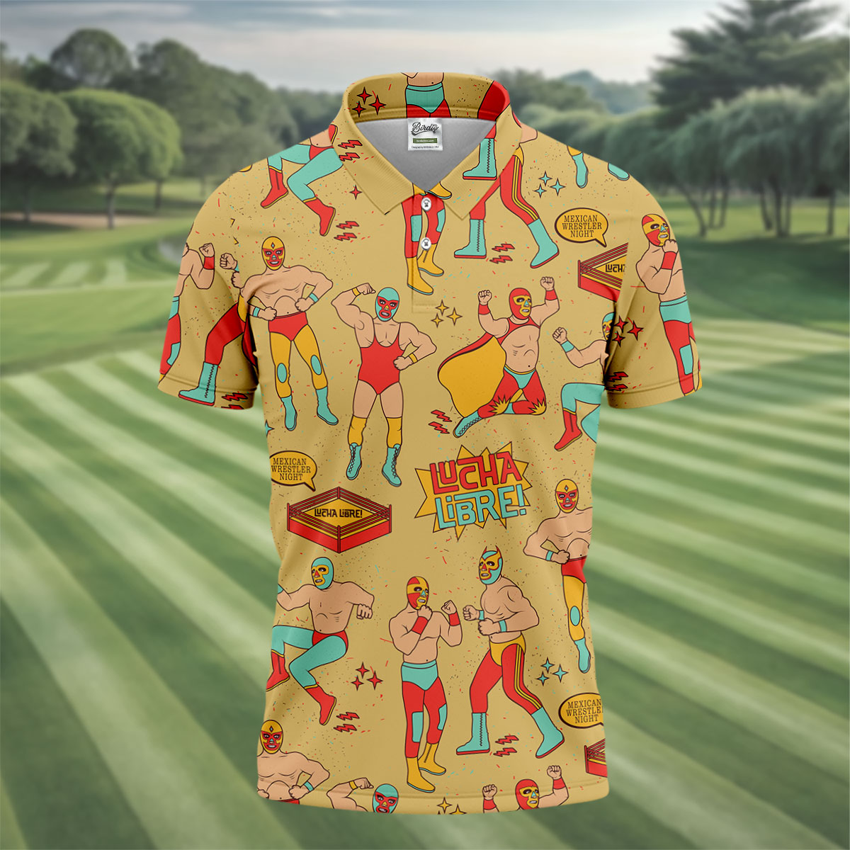 Yellow Lucha Libre Mexican Wrestler Pattern Golf Shirt, Hawaiian Golf Shirt, Mens Golf Shirts