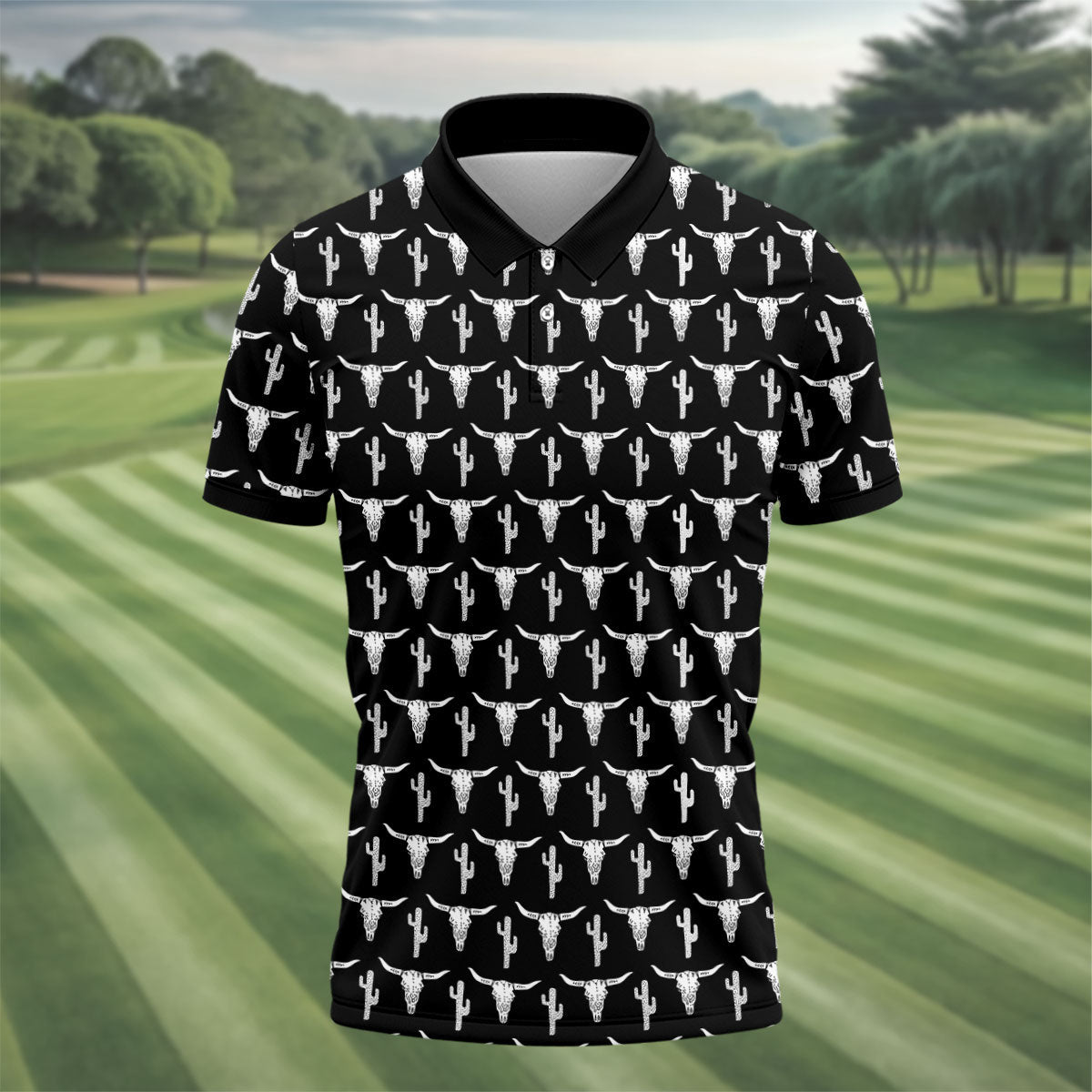 Longhorn Cow Skull Western Theme Black Golf Tops For Men, Polo Shirtor Men, Golf Shirts For Men