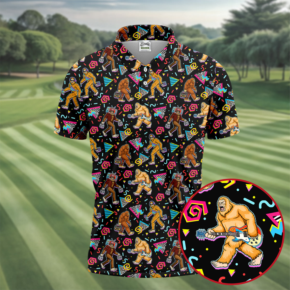 Retro Bigfoot Monkey Guitar Boombox Golf Shirt, Polo Shirts For Men, Mens Golf Apparel, Golf Polo Shirts For Men