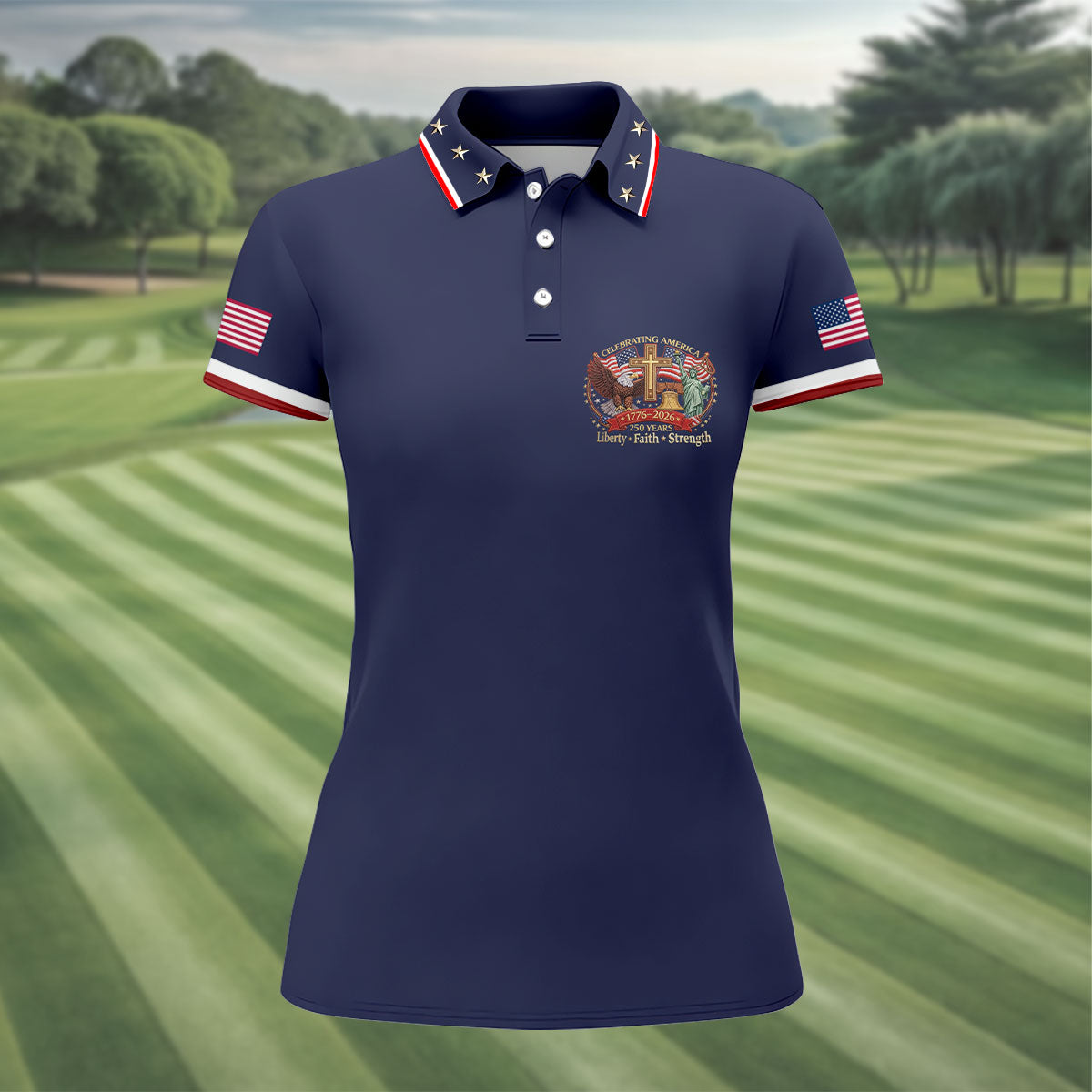 Liberty Faith Strength Faith Cross USA 250 Navy Golf Shirt, 4th Of July Golf Shirt For Women