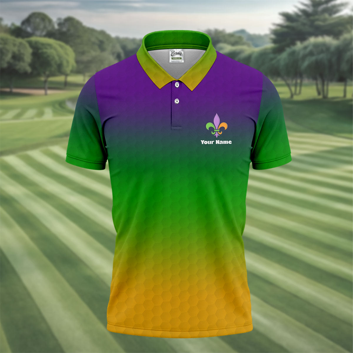Mardi Gras Purple Gold Green Blended Color Golf Ball Pattern Golf Tops For Men, Polo ShirtFor Men