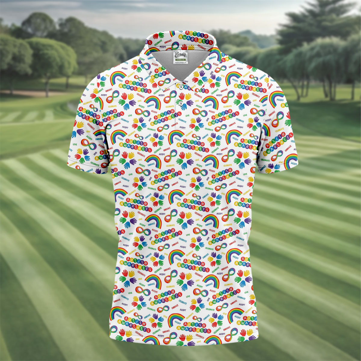 Autism Awareness Rainbow Pattern Colorful Handprints White Golf Shirt, Polo ShirtFor Men