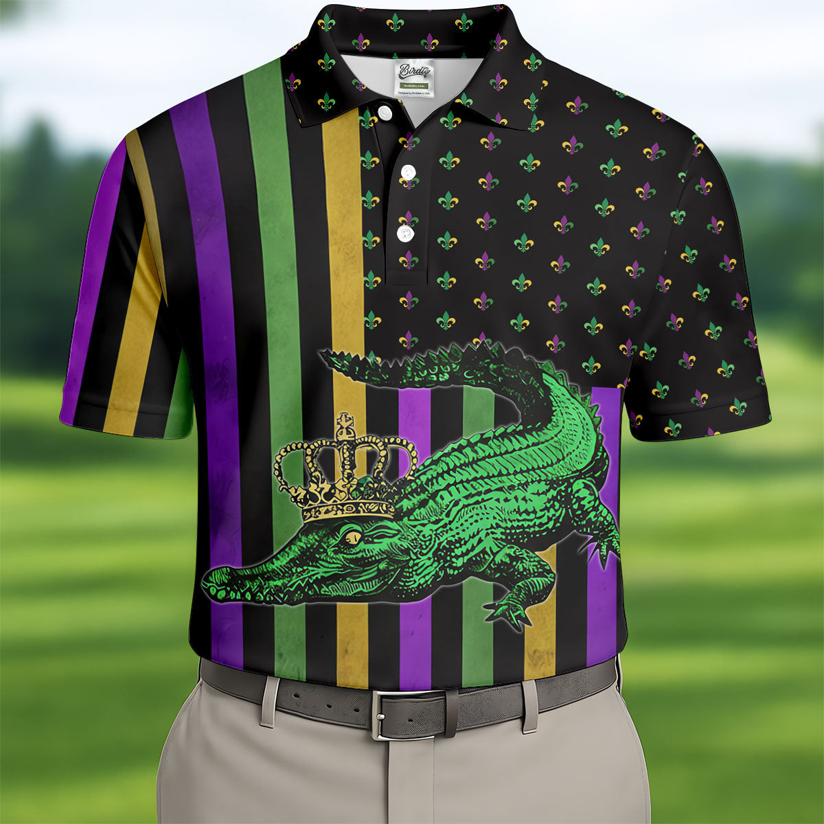 Mardi Gras Aligator Purple Green Gold Vertical Stripes Fleur De Lis Golf Tops For Men, Polo ShirtFor Men