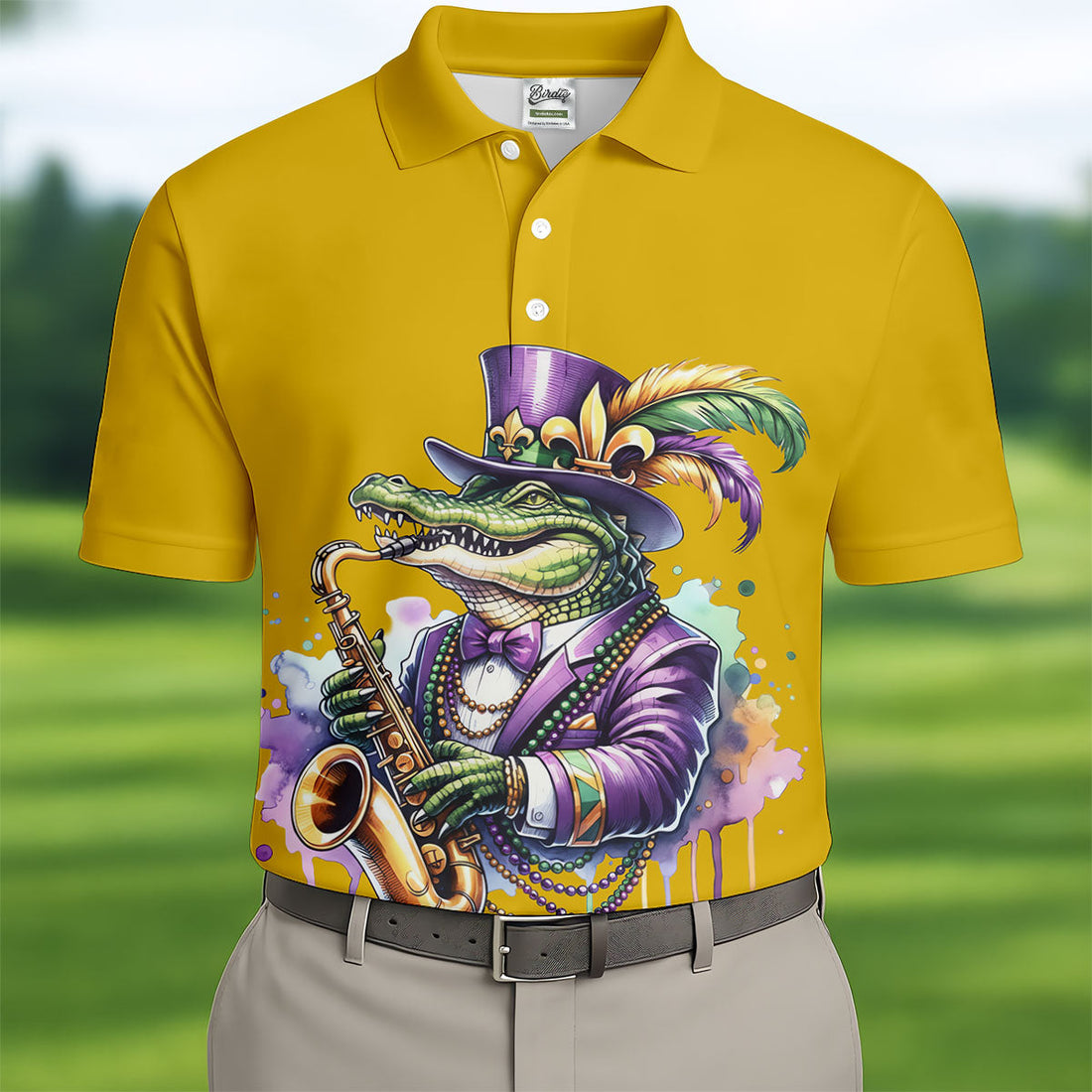 Mardi Gras Alligator Playing Saxophone Yellow Golf Shirt, Golf Shirts For Men, Polo ShirtFor Men