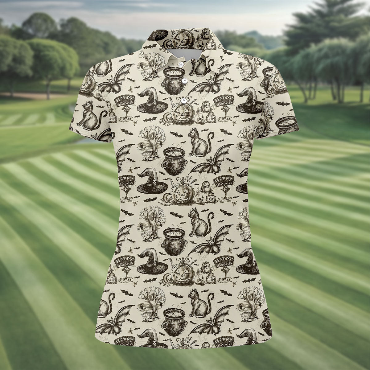Halloween Witch Cat Pattern Fun Women's Golf Shirts, Ladies Golf Tops, Golf Shirt For Women