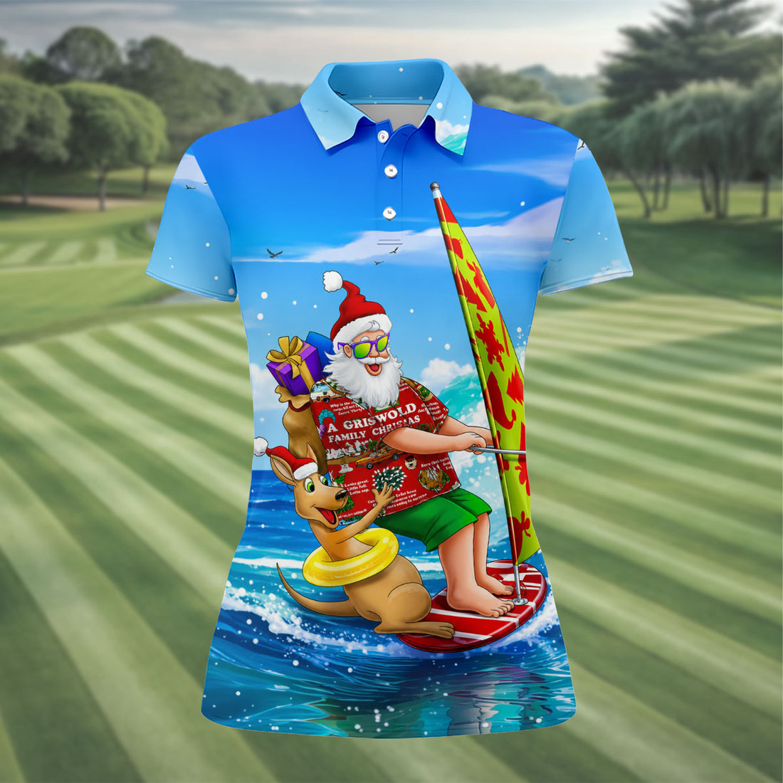 Santa And Reindeer Beach Surfing Christmas Golf Shirt, Women's Golf Tops, Hawaiian Golf Shirt