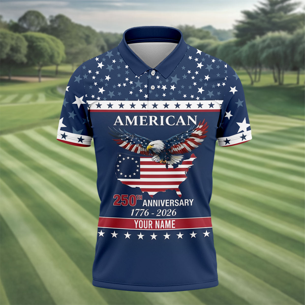 American Bald Eagle 250th Anniversary Patriotic Stars Golf Shirt, 4th Of July Golf Shirts For Men