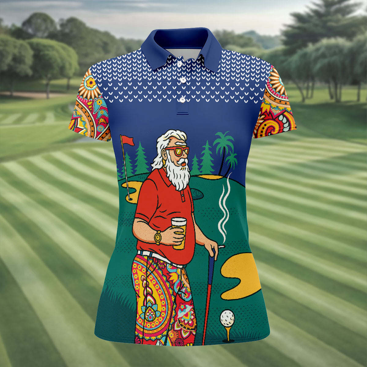 Funny Bearded Golfer With Paisley Pants Golf Polo Shirt, Ladies Golf Shirts, Women’s Golf Apparel