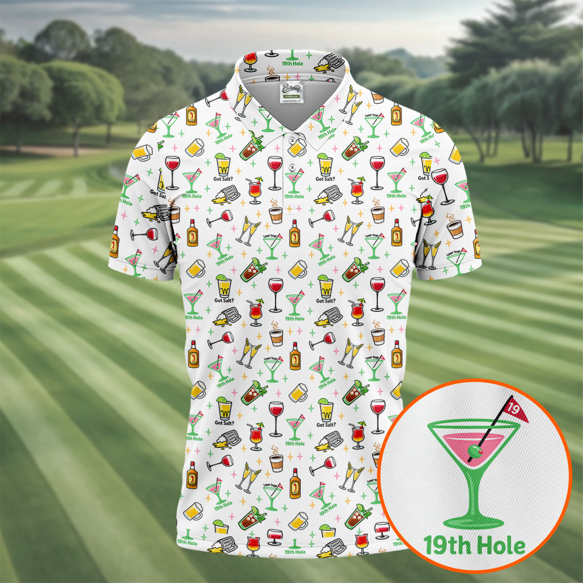19th Hole Cocktail Drinks Pattern Golf Shirt, Mens Golf Polo, Printed Golf Shirts