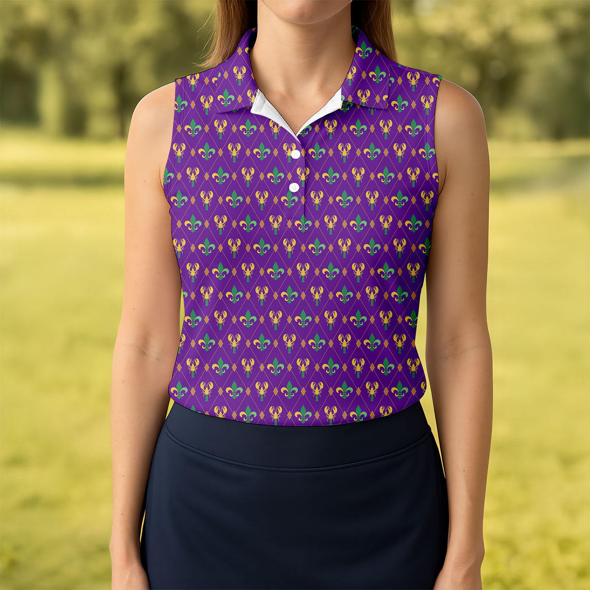Crawfish Fleur De Lis Argyle Pattern Mardi Gras Golf Shirt, Women's Golf Tops, Ladies Golf Polos