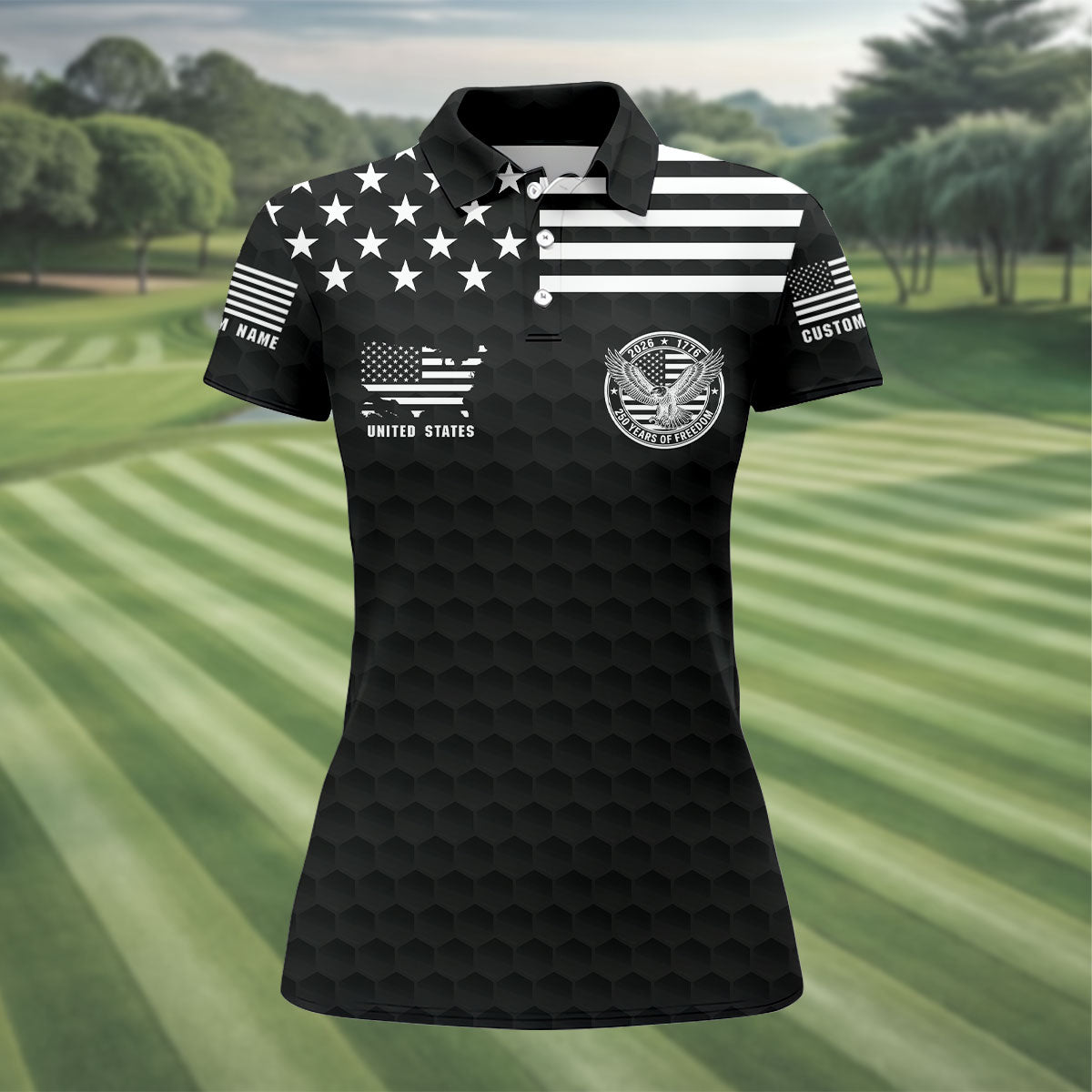 250 Years Of Freedom Golf Ball Pattern Black Golf Shirt, 4th Of July Patriotic Golf Shirt For Women