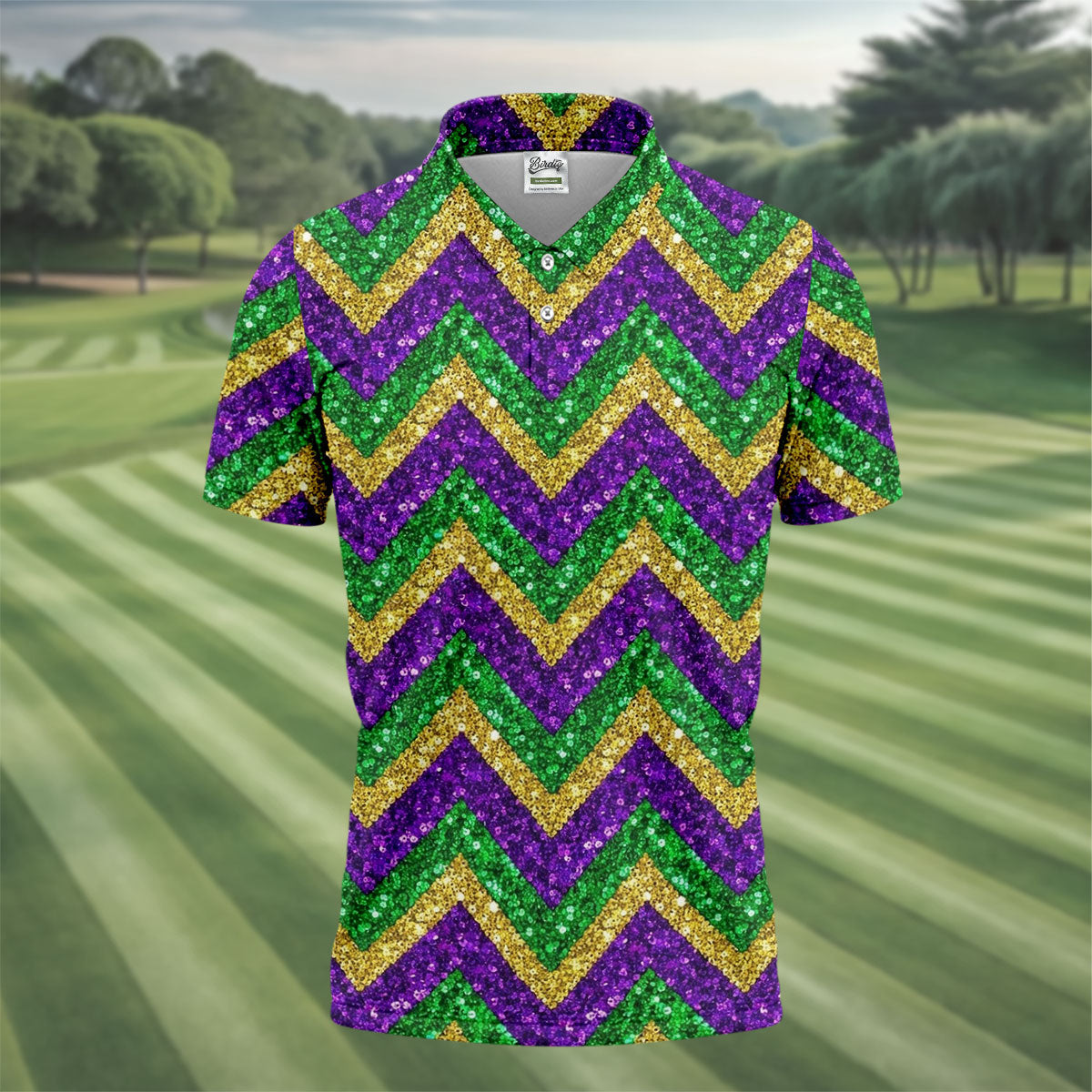 Mardi Gras Purple Gold Green Zigzag Pattern Glitter Print Golf Tops For Men, Polo ShirtFor Men, Golf Shirts For Men